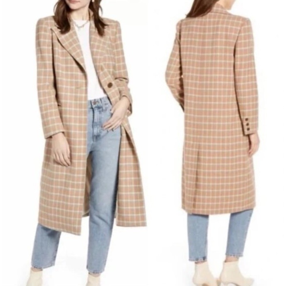 Something Navy Plaid Wool Long Coat (medium) brown & blue plaid